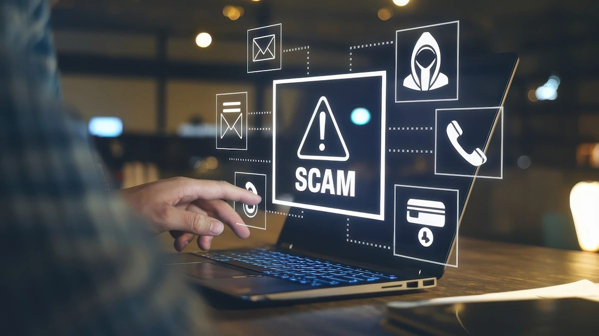 Concept image showing a computer overlaid with the word Scam