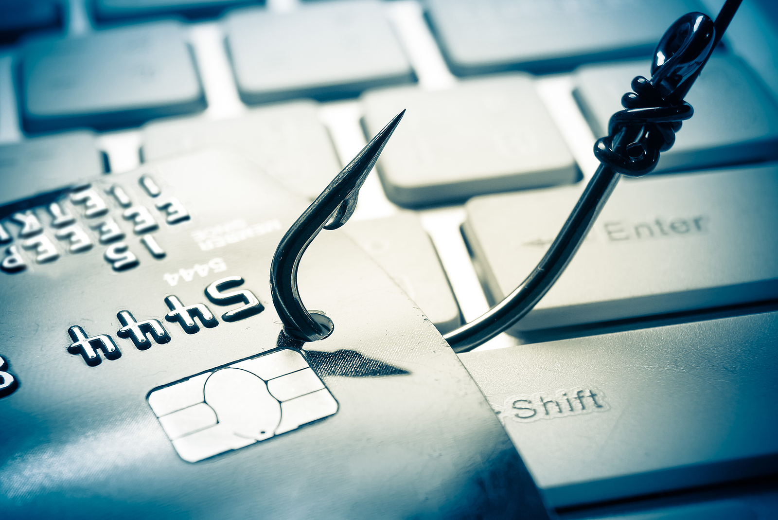 Credit card on a keyboard with a fishhook piercing through it.
